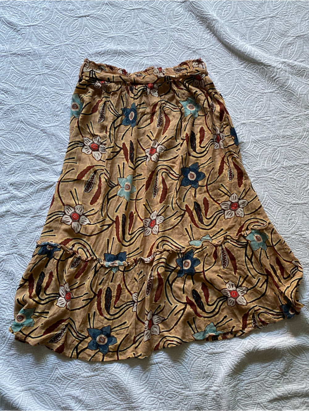 Boho Floral Tiered Midi Skirt in Tan with Blue & Red Accents - Picture 5 of 5